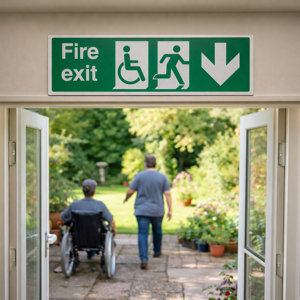 Fire Exit Sign – Disabled Symbol & Arrow Down – Safety Signage – Indoor/Outdoor