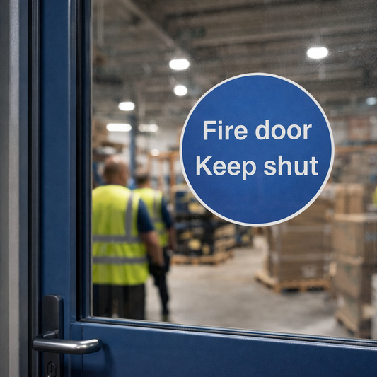 Fire Door Keep Shut Window Sticker – 100mm x 100mm – Self-Adhesive – Indoor Use