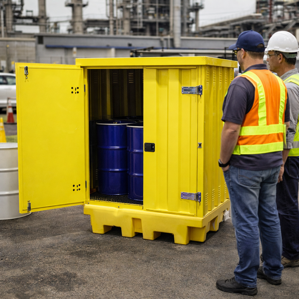 Steel Covered 4 Drum Spill Pallet – Yellow – Lockable Doors – Industrial Use