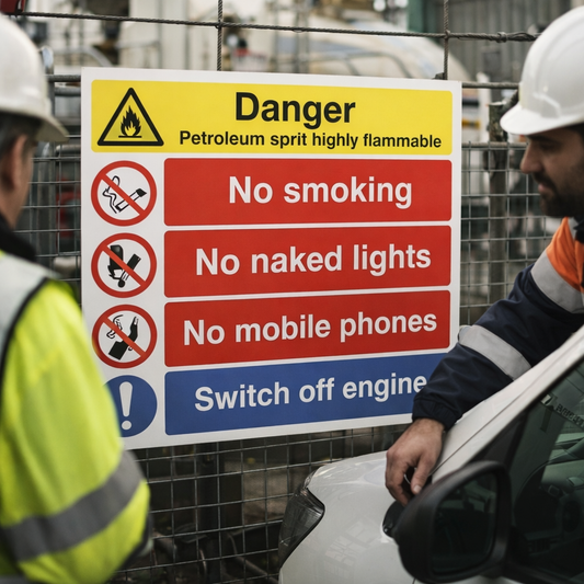 Danger Petroleum Spirit Highly Flammable - No Smoking/Switch Off Engine Etc Signs