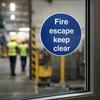 Fire Escape Keep Clear Window Sticker – 100mm x 100mm – Self-Adhesive – Indoor Use