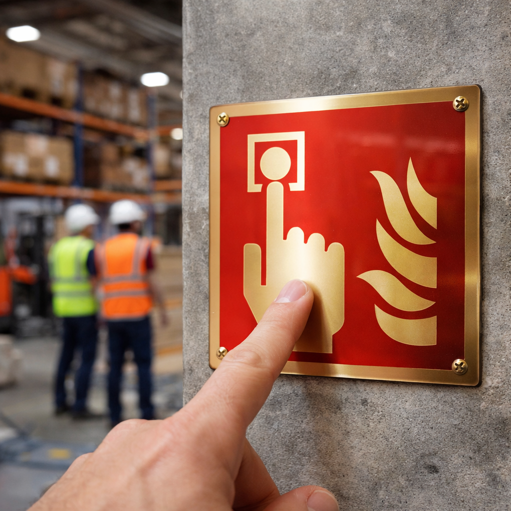 Fire Alarm Call Point Symbol Sign – 175mm x 175mm – Polished Brass – Hotels & Offices