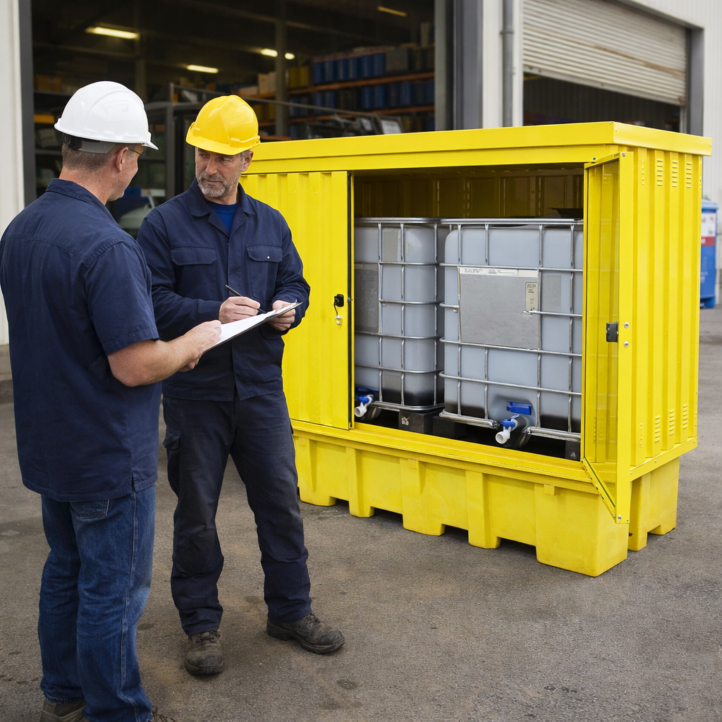 Steel Covered Double IBC Pallet – Yellow – Lockable Doors – Industrial