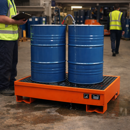 2 Drum Spill Containment Pallets – 1340 x 850 x 330mm – Powder-Coated Steel – Industrial Use