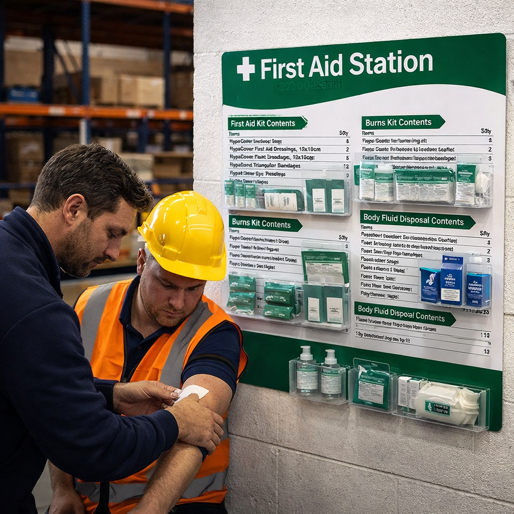 Branded First Aid Station with Preventing Slips, Trips & Falls Poster – 1200mm x 680mm – Rigid Plastic – Workplace Safety