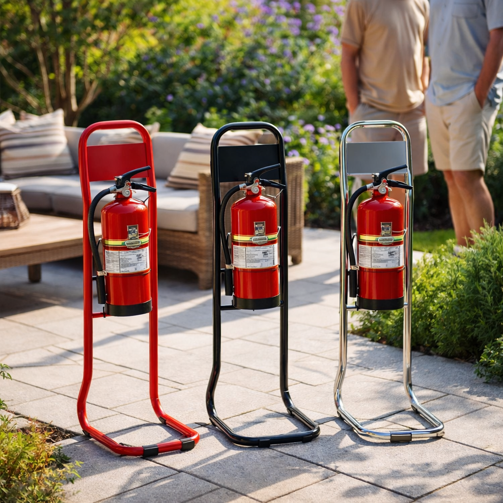 Tubular Fire Extinguisher Stands – Red, Black & Chrome – Stable Base – Commercial Use