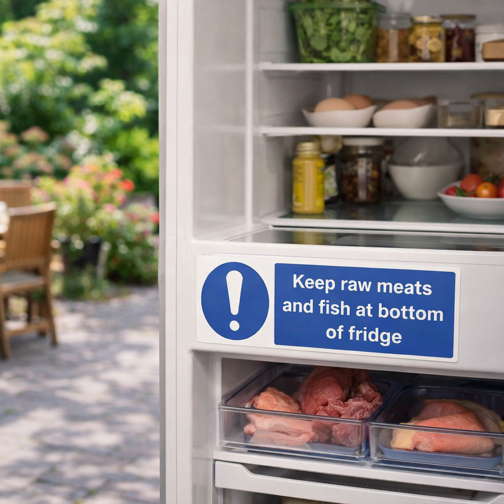 Safety Sign – Keep Raw Meats and Fish at Bottom of Fridge – 1mm Rigid Plastic – Indoor/Outdoor Use