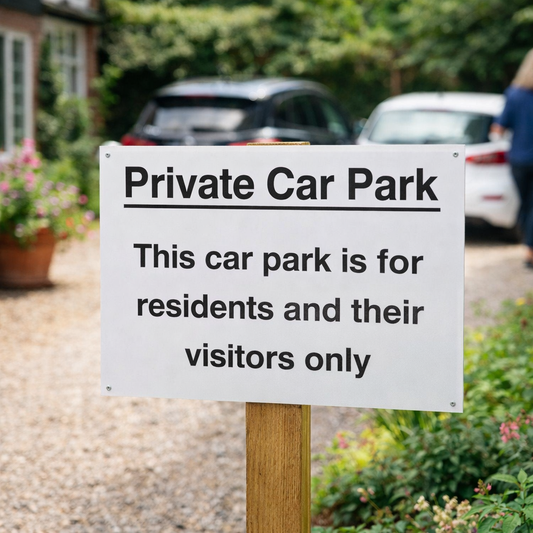 Private Car Park Sign – Residents/Visitors Only – 400mm x 300mm – Rigid Plastic – Indoor/Outdoor Use