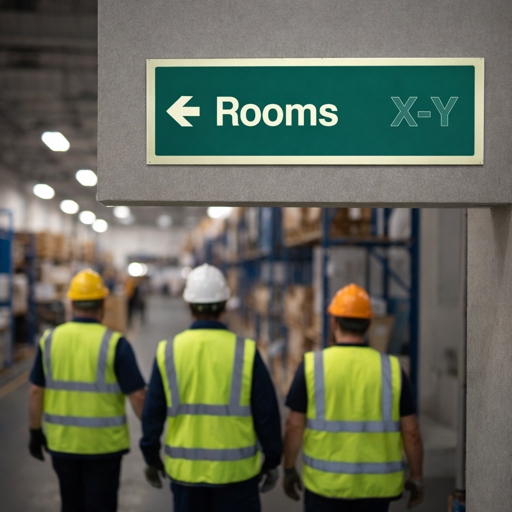 Room Number ID Signs with Arrow Left – 450mm x 150mm – Glow-in-the-Dark – Multi-Storey Buildings