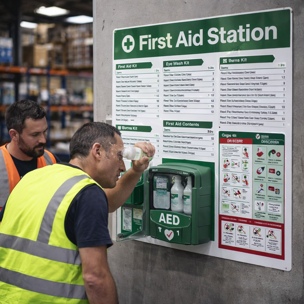 First Aid Station with AED & CPR Poster – 6mm Rigid Plastic – Workplace