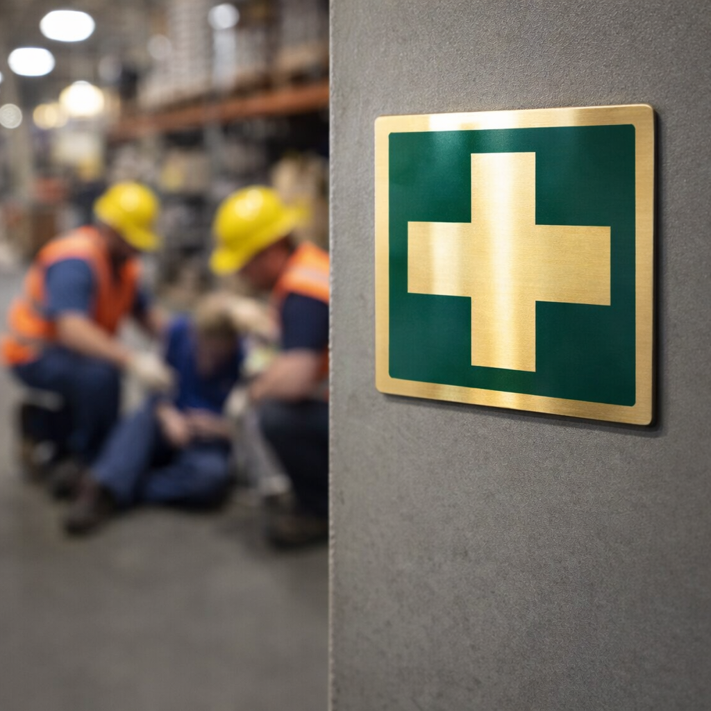 First Aid Symbol Safety Signs – 100mm x 100mm – Polished Brass – Commercial Use
