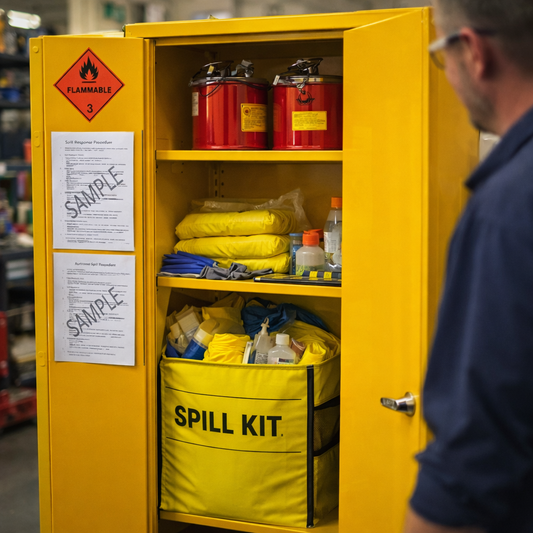 Flammable Storage Cabinet Bundle – Yellow – Includes Spill Kit – Industrial Use