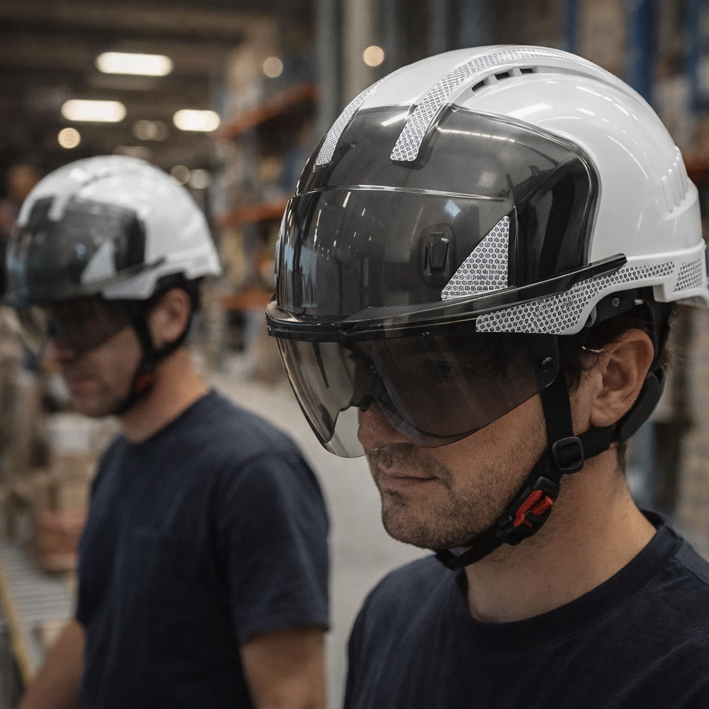 Safety Helmet with Dualswitch – White/Smoke – Vented & Impact Protection – Industrial Use