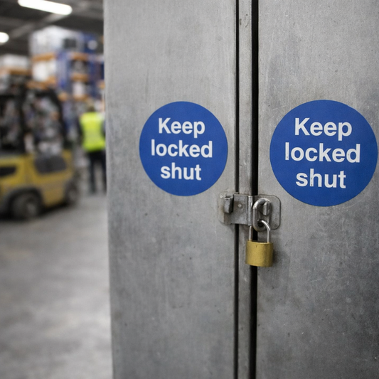 Safety Sign Labels – 65mm Diameter – Self Adhesive Vinyl – Indoor Use