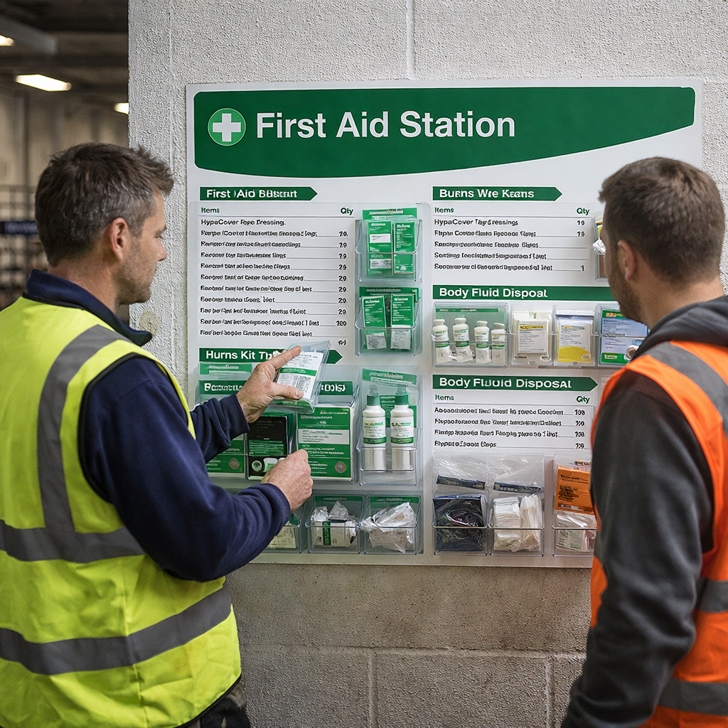 Branded First Aid Station with First Aid for Burns Poster – 1200mm x 680mm – Rigid Correx Plastic – Workplace Safety