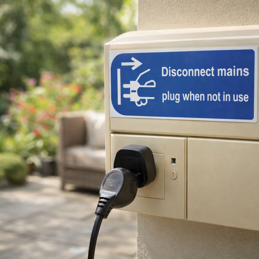 Disconnect Mains Plug When Not In Use Safety Signs – 1mm Rigid Plastic & Self-Adhesive Vinyl – Indoor/Outdoor Use