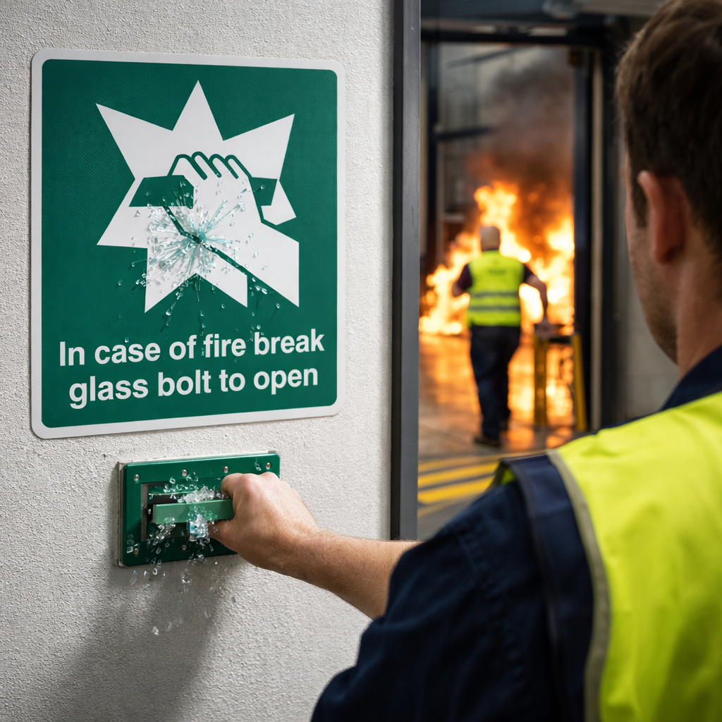 Fire Safety Sign – Break Glass Bolt to Open – Indoor Use