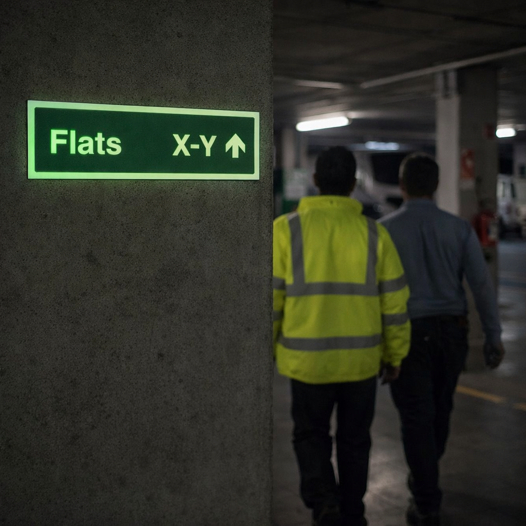 Flat Identification Signs – 450mm x 150mm – Glow-in-the-Dark – Fire Service Wayfinding