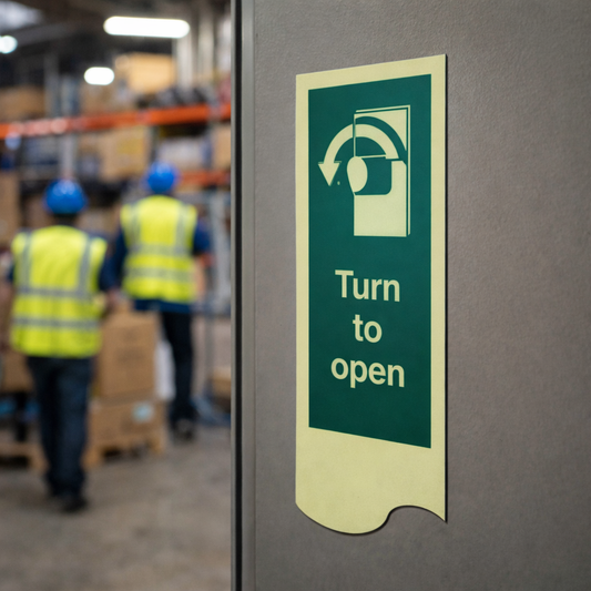 Turn Left To Open Photoluminescent Door Plate Sign – 75mm x 300mm – Rigid Plastic – Safety Compliance