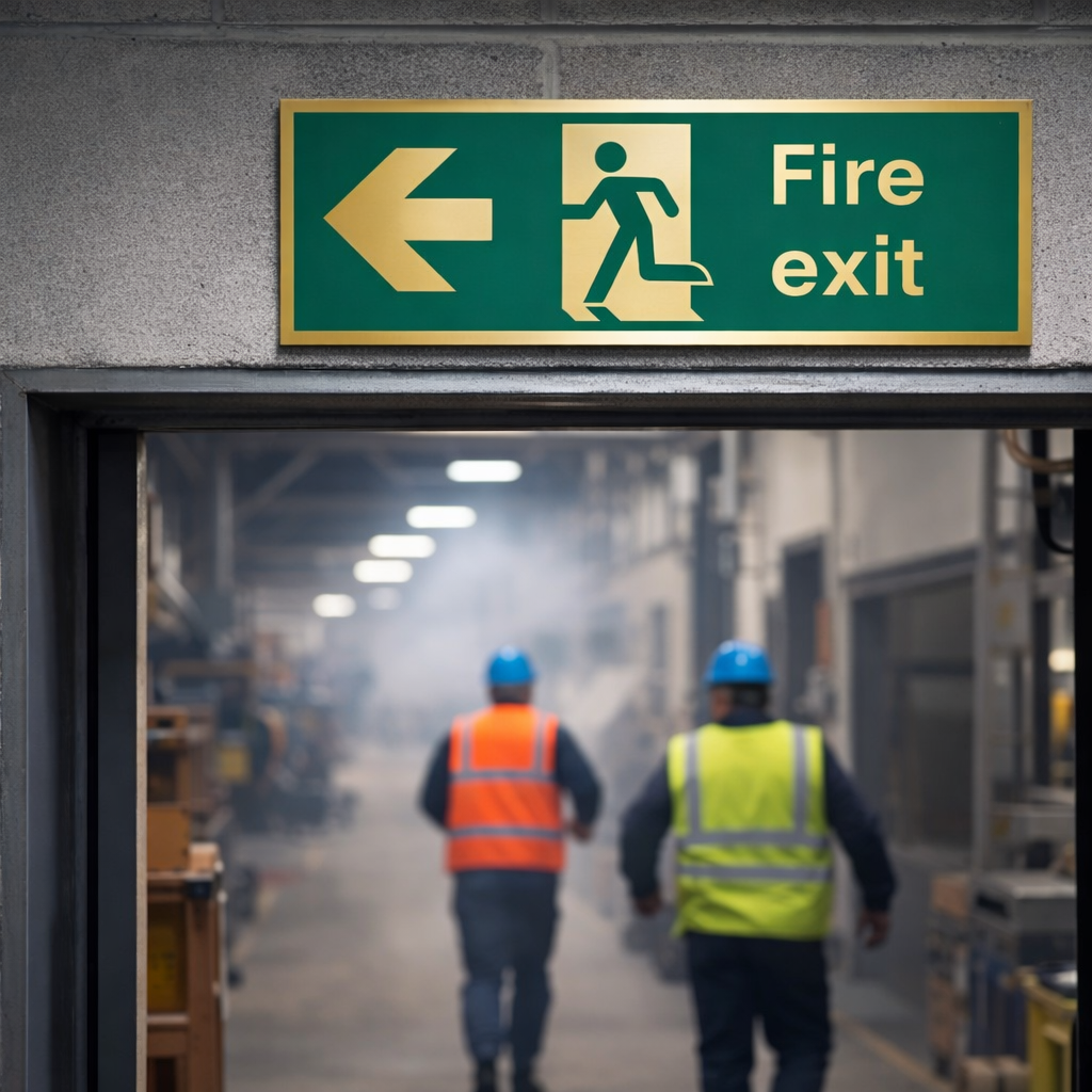 Fire Exit Arrow Left Sign – 300mm x 100mm – Polished Brass – Commercial Use
