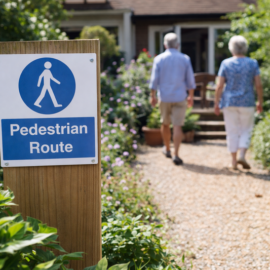 Pedestrian Route Safety Signs – 1mm Rigid Plastic – Indoor & Outdoor Use