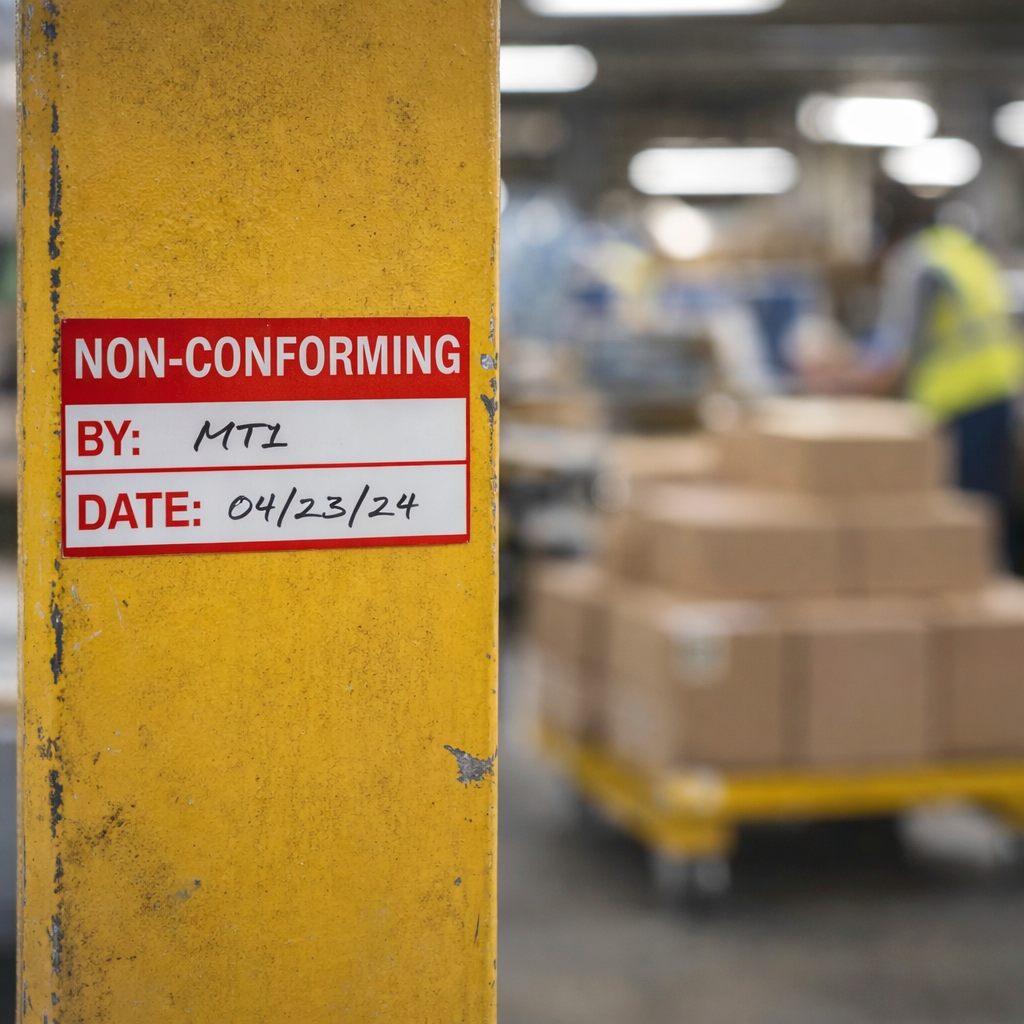 Non-Conforming Quality Control Labels (Roll of 100) – 50mm x 20mm – Self Adhesive Vinyl – Indoor Use
