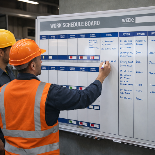 Production Machinery Schedule Magnetic Dry Wipe Board with Slider Signs – 1200mm x 1500mm – Aluminium Frame – Industrial Use