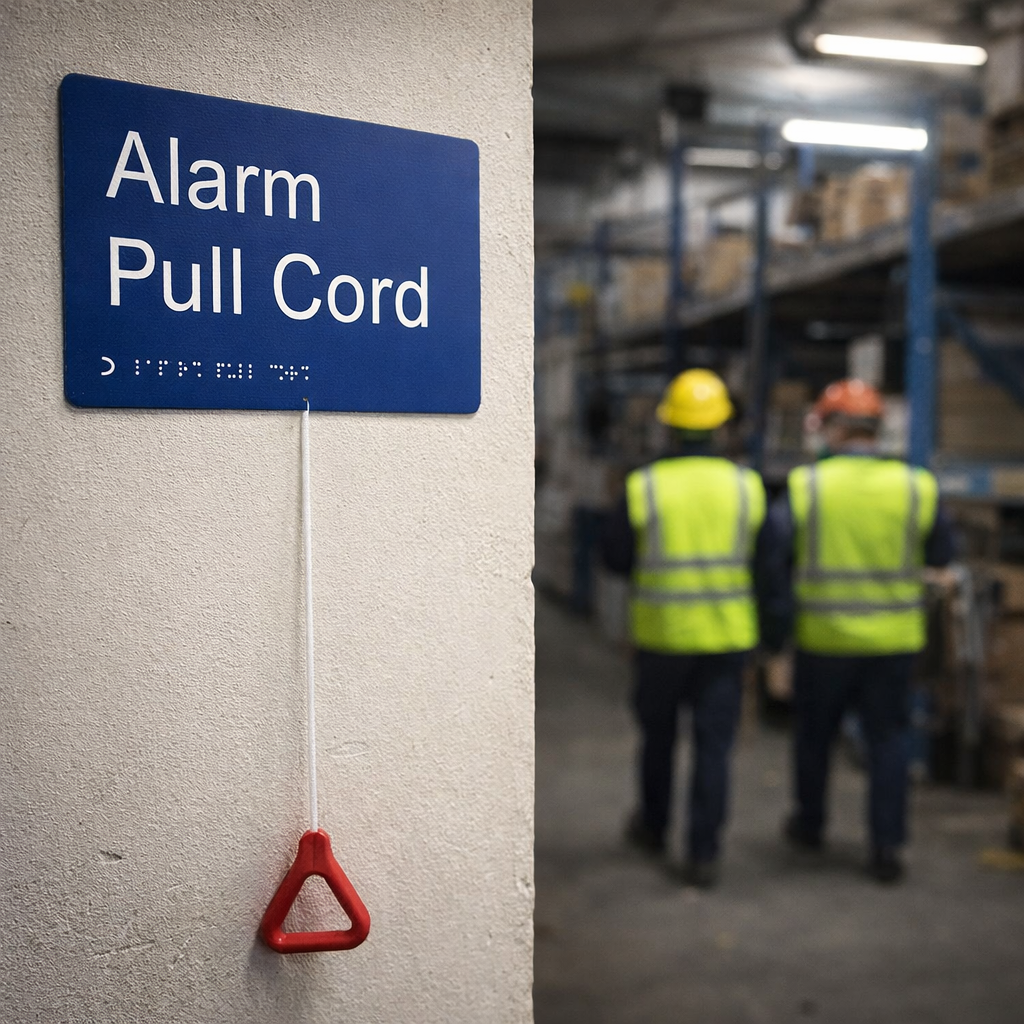 Braille Alarm Pull Cord Signs – 225mm x 150mm – 1.5mm PVC – Indoor Use