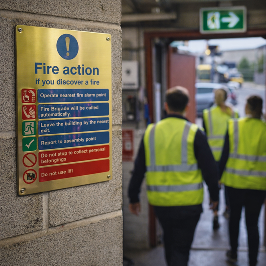 Brass Fire Action Notice – 150mm x 200mm – Polished Brass – Indoor Use