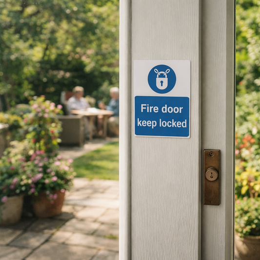 Fire Door Keep Locked Sign with Lock Symbol – 1mm Rigid Plastic – Indoor/Outdoor Use