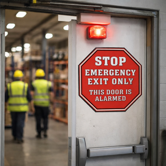 Emergency Exit Alarm Warning Sign – 135mm x 135mm – Self-Adhesive Vinyl – Commercial Use