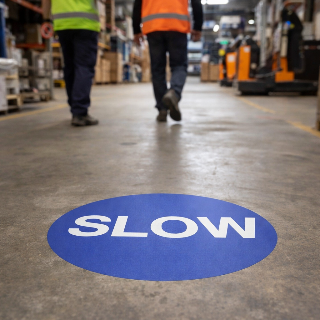 Slow Floor Graphic Safety Sign – 400mm Diameter – Polycarbonate – Factory & Warehouse Use
