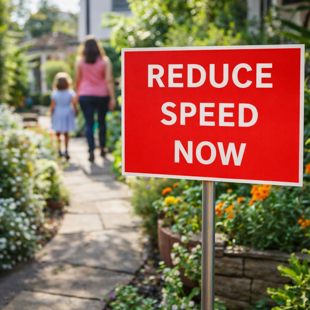 Reduce Speed Now Signs – 1mm Plastic & Aluminium – Indoor/Outdoor Use