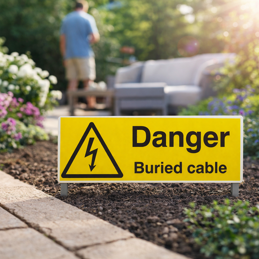 Danger Buried Cable Safety Signs – 1mm Rigid Plastic & Self-Adhesive Vinyl – Indoor/Outdoor Use