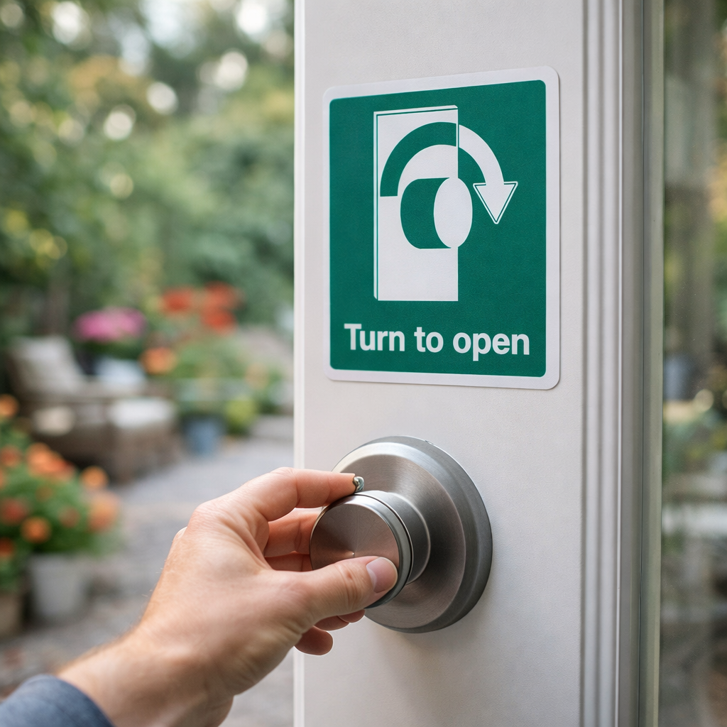 Directional Safety Sign – Turn Right to Open – Indoor/Outdoor Use