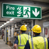 Fire Exit Sign – Arrow Down, Flames & Running Man – Safety Compliance
