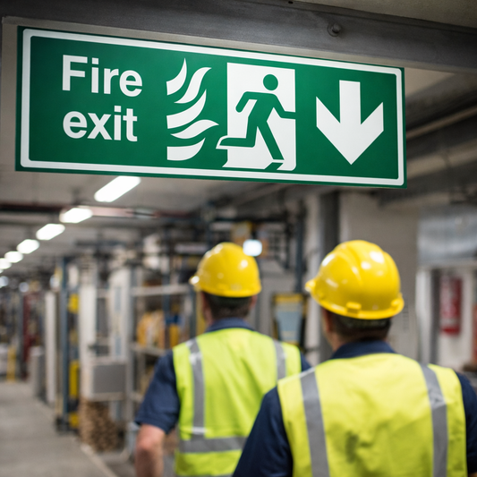 Fire Exit Sign – Arrow Down, Flames & Running Man – Safety Compliance