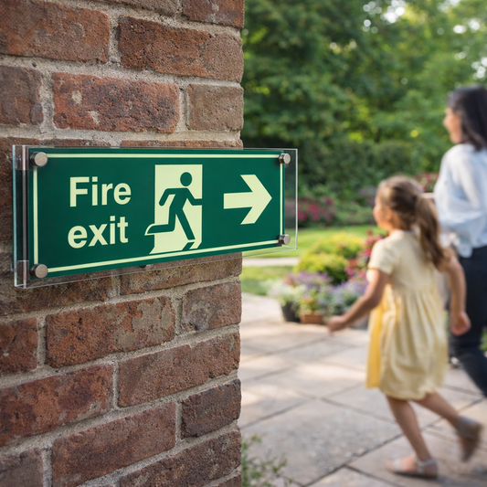 Photoluminescent Fire Exit Sign – 450mm x 150mm – Clear Acrylic with Stand-offs – Indoor & Outdoor