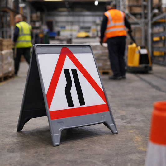 Road Narrows Left Fold-Up Sign – Grey PVC – Work-Zone Use