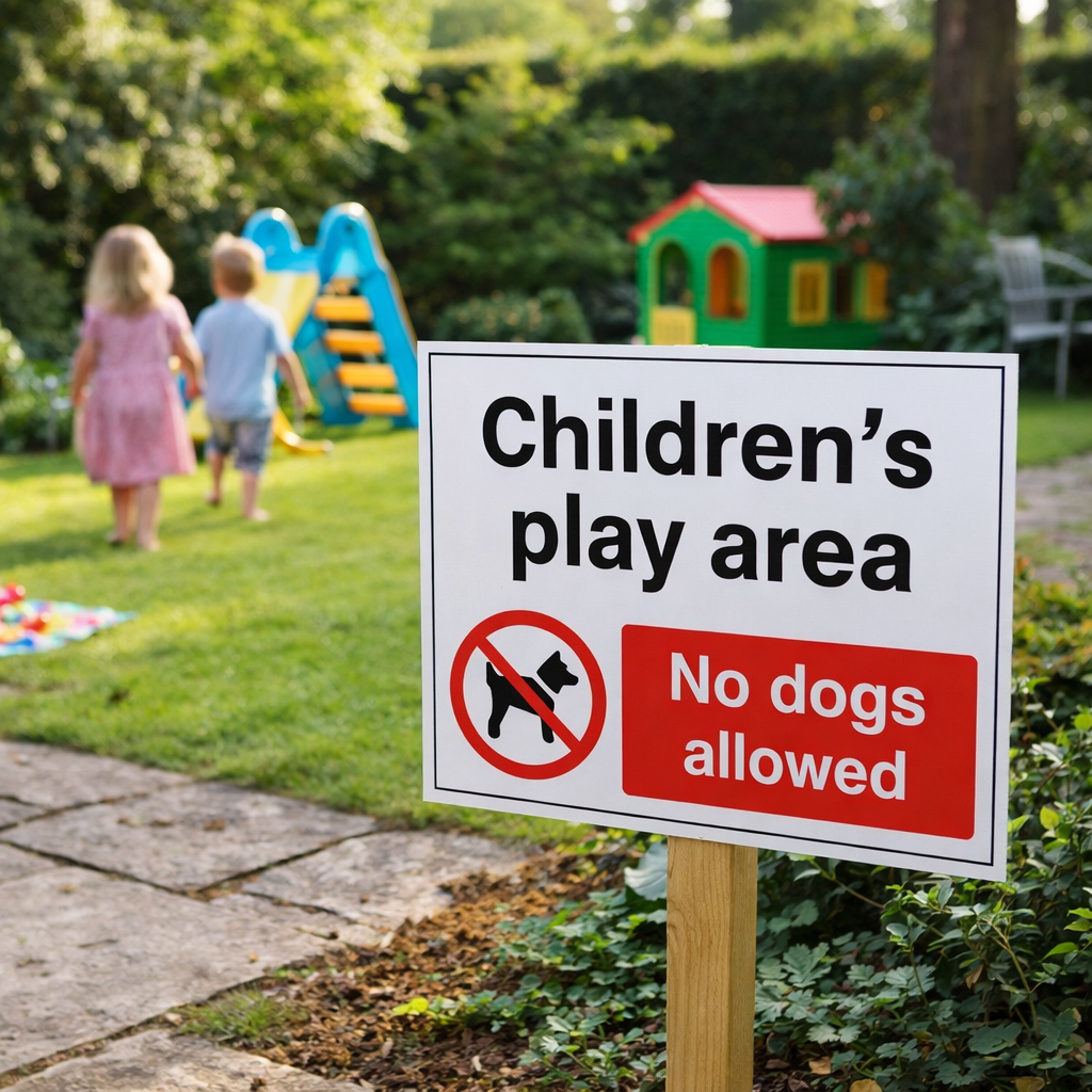 Children's Play Area Safety Sign – No Dogs Allowed – 1mm Rigid Plastic – Indoor/Outdoor Use