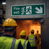 Fire Exit Sign – Arrow Down/Right – Flames & Running Man – Safety