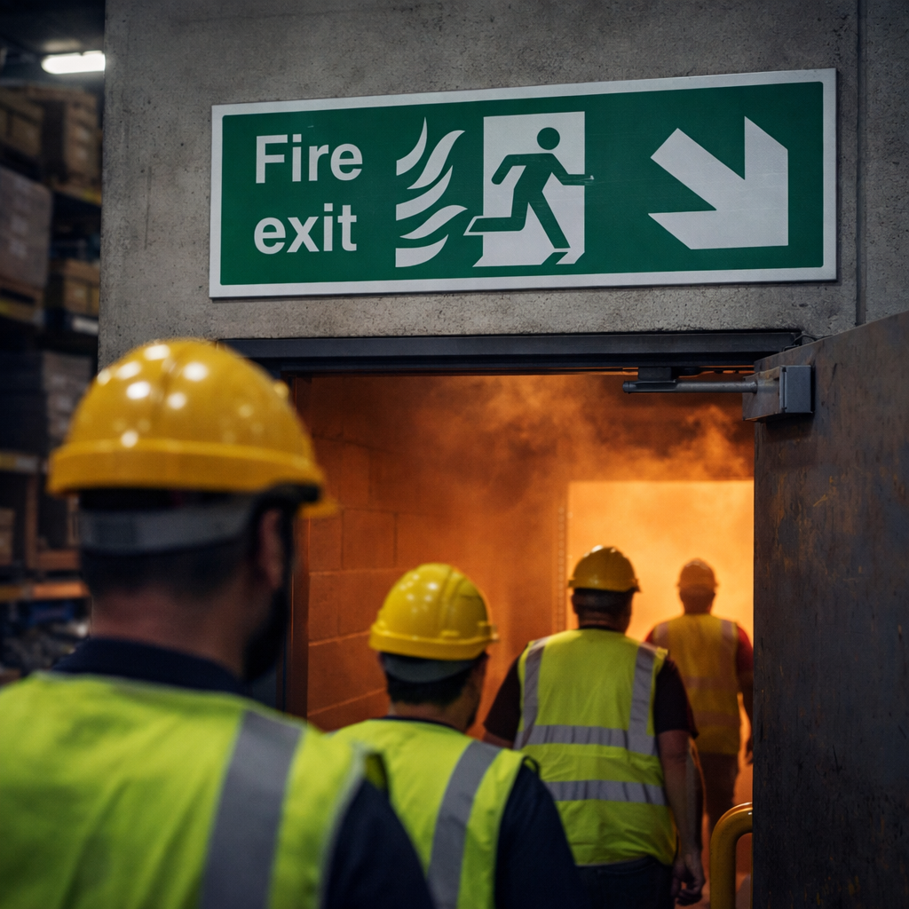 Fire Exit Sign – Arrow Down/Right – Flames & Running Man – Safety