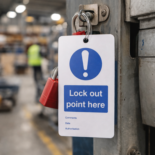 Double Sided Safety Tags – Lock Out Point – 80mm x 150mm – Matt PVC – Industrial Use