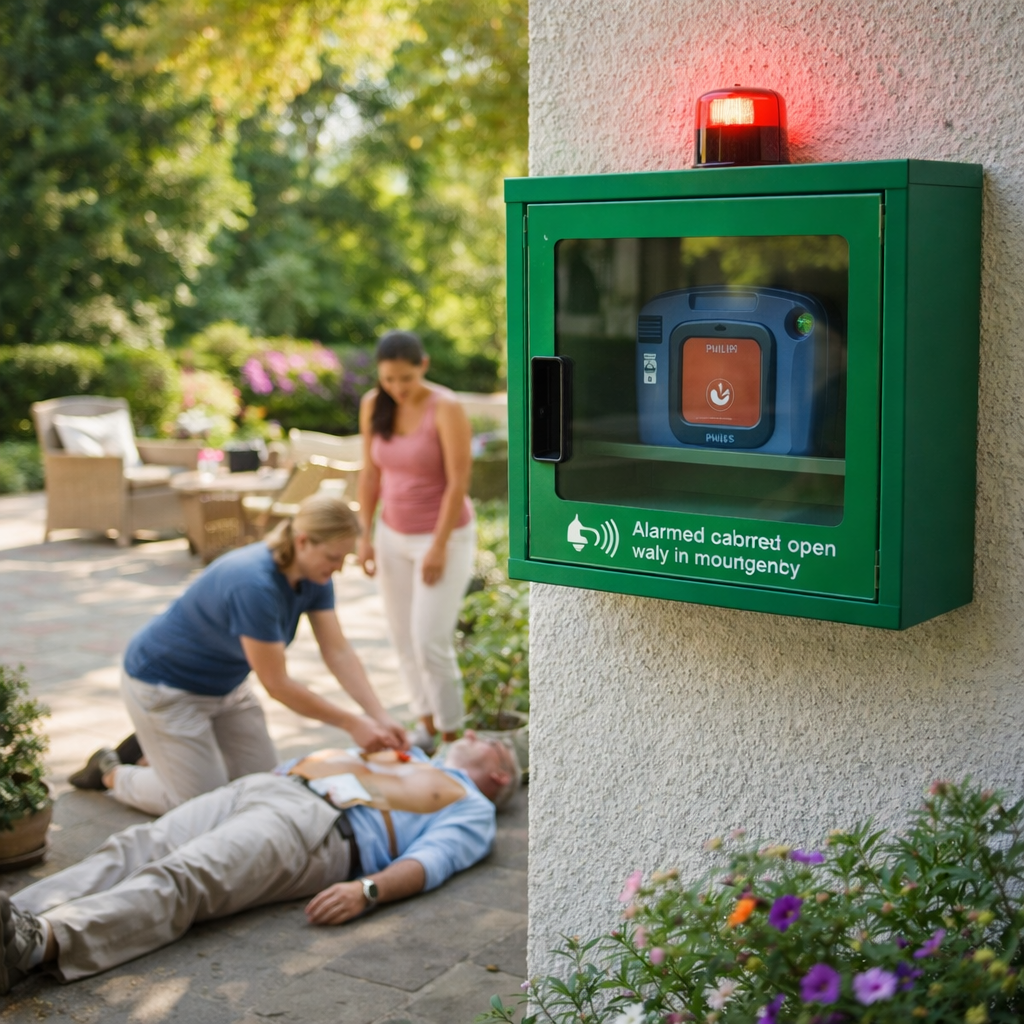 Universal AED Defibrillator Cabinet – Metal – Alarmed, Wall-Mountable – Indoor Use