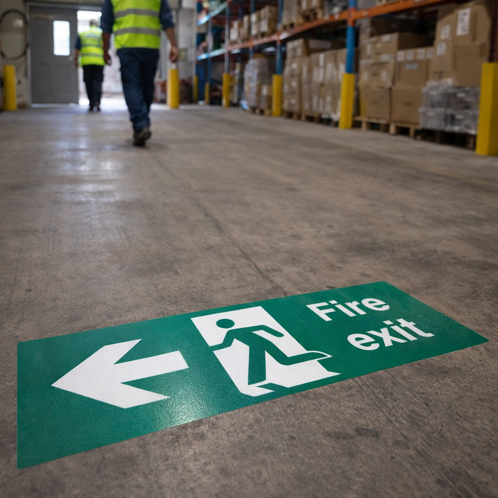 Fire Exit Arrow Left Floor Graphic Signs – 600mm x 200mm – Polycarbonate – Industrial Use