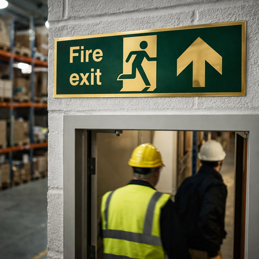 Fire Exit Sign with Running Man – 300mm x 100mm – Polished Brass – Commercial Use