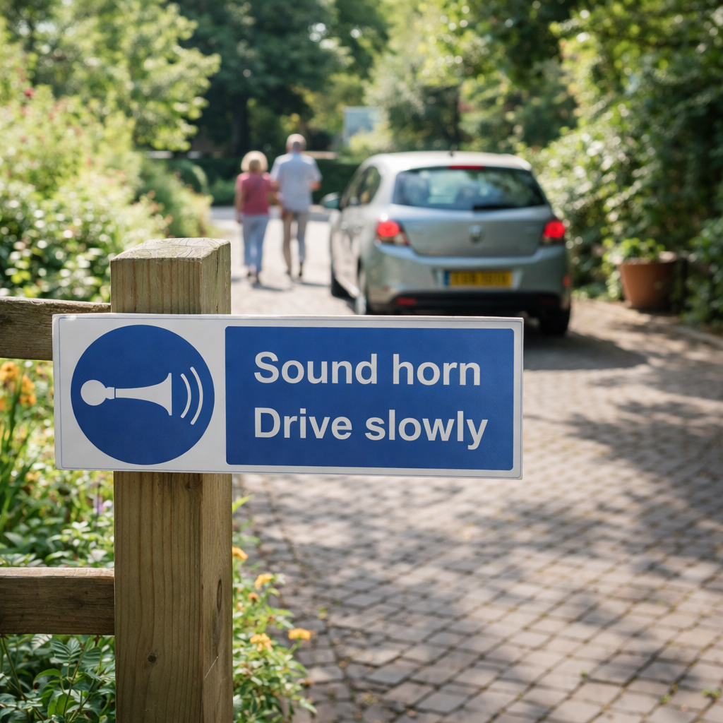 Sound Horn Drive Slowly Safety Signs – 1mm Rigid Plastic – Indoor/Outdoor Use