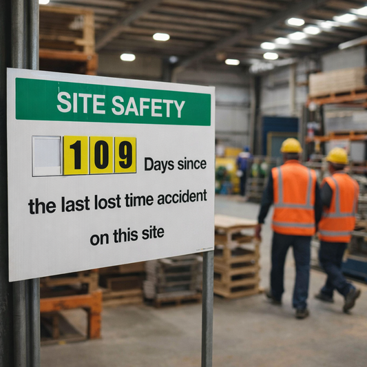 Days Since Last Lost Time Accident Sign – 600mm x 900mm – Durable Correx Plastic – Industrial Safety
