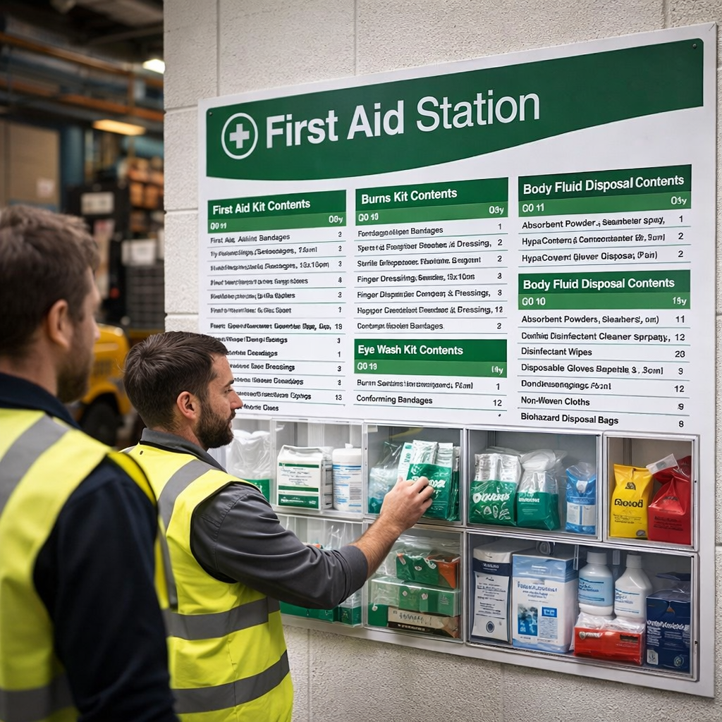 Branded First Aid Station with Workplace First Aid Guide Poster – 1200mm x 680mm – Rigid Correx Plastic – Workplace Safety