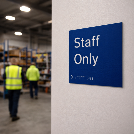 Braille Staff Only Sign – 150mm x 150mm – 1.5mm PVC with Self Adhesive – Indoor Use
